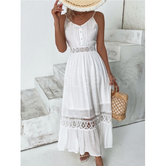 White Long Flared Maxi Dress Cami Tie Back Lace Crochet Detail - Picture 4 of 8